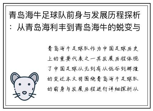 青岛海牛足球队前身与发展历程探析：从青岛海利丰到青岛海牛的蜕变与辉煌