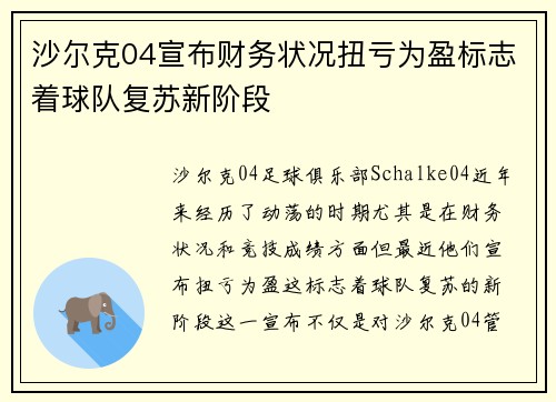 沙尔克04宣布财务状况扭亏为盈标志着球队复苏新阶段